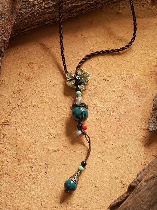 MINACHI Vintage Bohemian Colorful Ceramic Bead Antique Flower Y Necklace, Vintage Boho Hippie Statement Jewelry Gift for Women