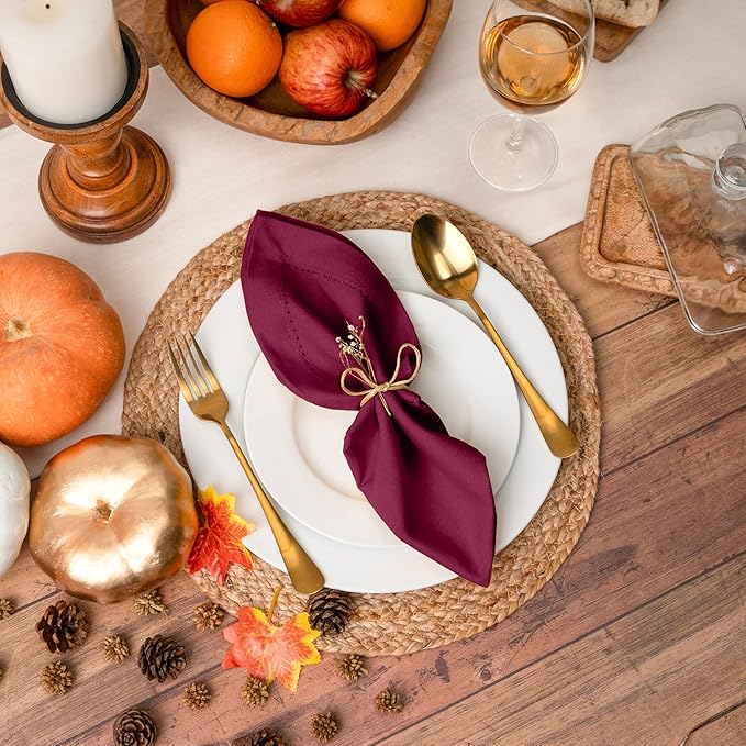 Blue Needles Set of 12 Hemstitch Linen Napkins 100% Cotton Burgundy Cloth Dinner Napkins 18x18 inches, Soft, Reusable, Absorbent, Washable, Ideal for Fall Thanksgiving Events, Parties & Everyday Use