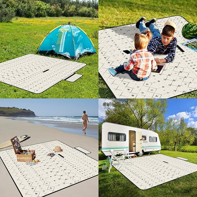 Picnic Blankets Waterproof,79''x79'' Extra Large Foldable Sandproof Beach Blanket,Portable 3-Layer Polyester Outdoor Picnic Blanket for Grass Lawn,Beach,Family Camping,Park,Travel-Beige