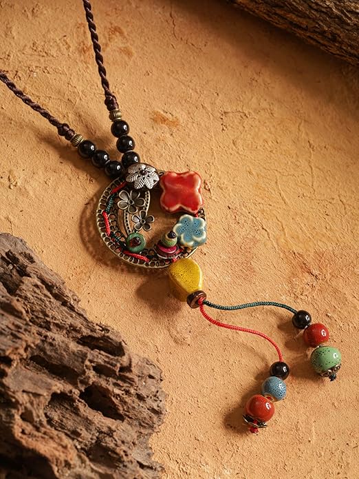 MINACHI Vintage Bohemian Colorful Ceramic Bead Antique Flower Y Necklace, Vintage Boho Hippie Statement Jewelry Gift for Women