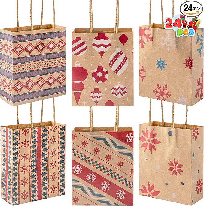 JOYIN 24 PCS Christmas Kraft Gift Bags with Handles, Reusable Xmas Paper Goody Wrap Craft Bags for Holiday Presents, Giant Gifts Decorations, Party Favors and Decor Supplies (5.25 x 4.25 x 2)
