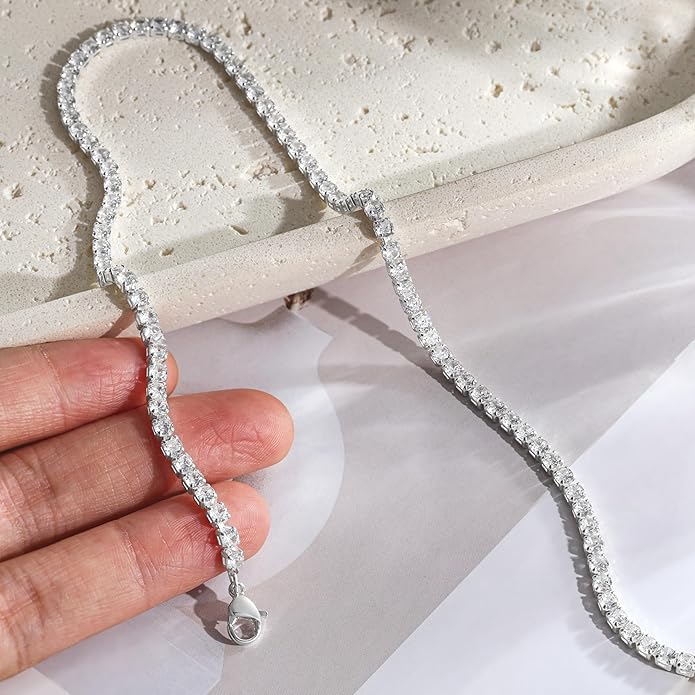 Tennis Necklace for Women, 14K Gold/Silver Plated Rhinestone Choker Necklace for Women, Dainty Cubic Zirconia Cut Faux Diamond Chain