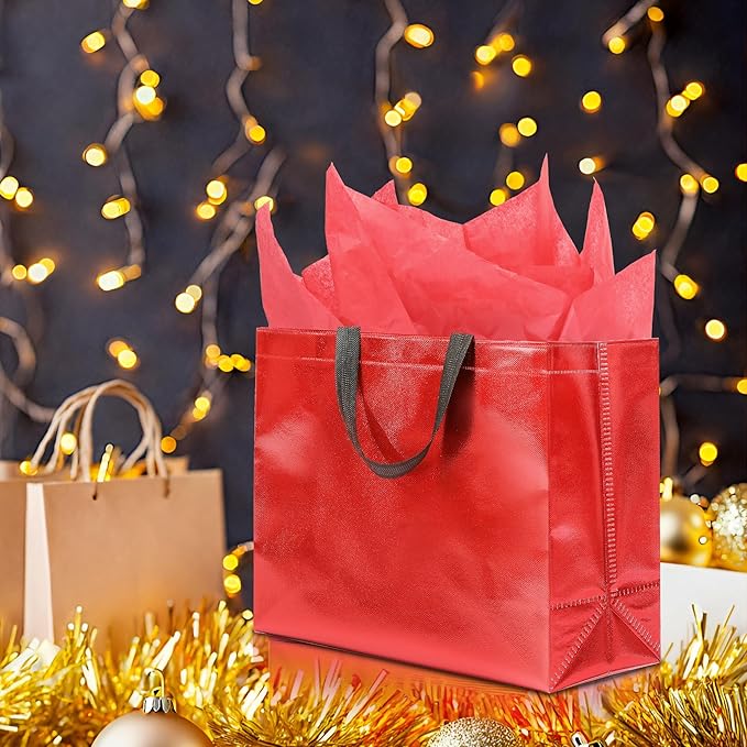 KeerxunBag 12Pcs Reusable Gift Bags（Includes Tissue Paper） Gift bag with handle Birthdays Parties Holidays Weddings Medium 13x5x11in Red Gift Bags