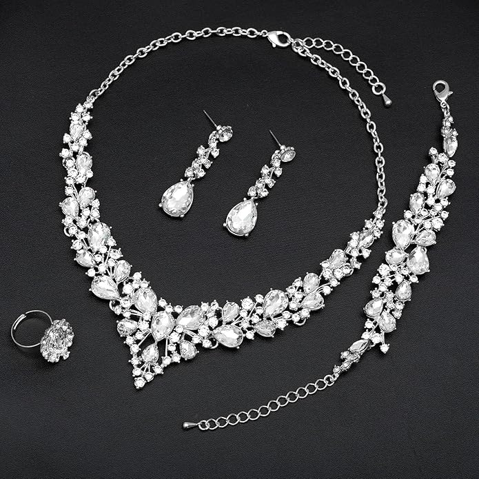 CSY 4 Pcs/Set Austrian Crystal Necklace Earrings Bracelet Ring Bridal Jewelry Sets for Brides Wedding Party Costume Accessories Gifts for Women