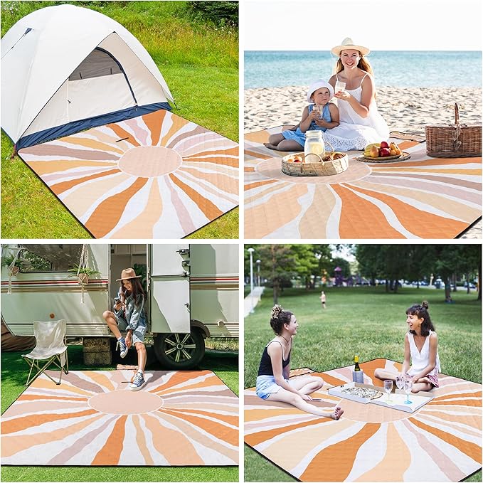 Picnic Blankets, Large Beach Blanket Waterproof Sandproof, Foldable & Portable Outdoor Picnic Blanket, 79''x79'' 3-Layer Picnic Mat for Camping, Park, Travel, Grass Lawn-Boho Sunburst