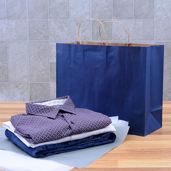 Prime Line Packaging Paper Gift Bags, Navy Blue Kraft Paper Bags with Handles, Shopping Bags for Small Business, Retail Use, Birthday Parties, Restaurants, Take-Out, Merchandise, Bulk, 16x6x12, 100 Pack