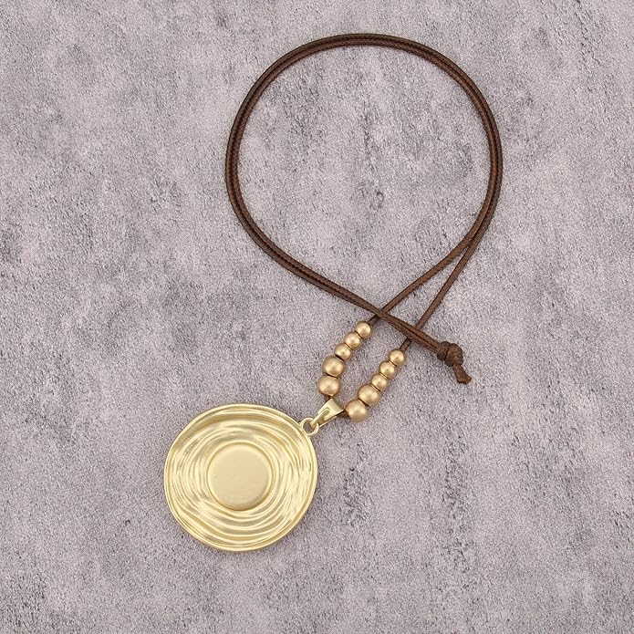 Boho Leather Necklace Women Bohemian Brown Circle Pendant Necklace Choker Long Necklaces for Women Boho Ring Large Pendant