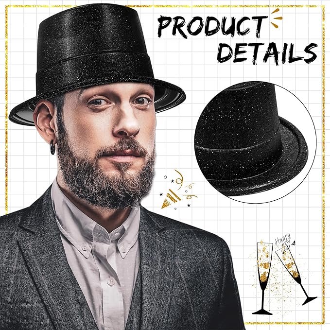 Hillban 50 Pack Glitter Top Hats Bulk Happy New Year Shiny Magician Top Hat for Adults Costume Party