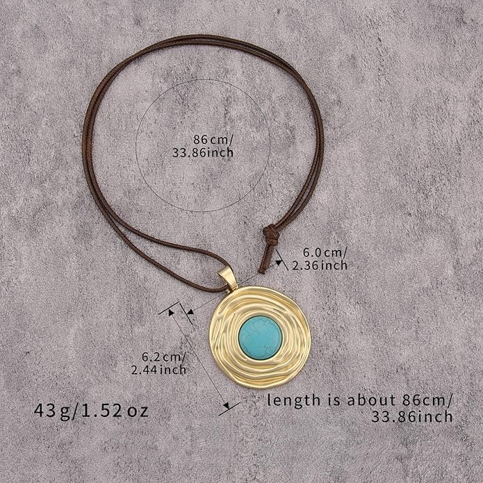 Boho Leather Necklace Women Bohemian Brown Circle Pendant Necklace Choker Long Necklaces for Women Boho Ring Large Pendant