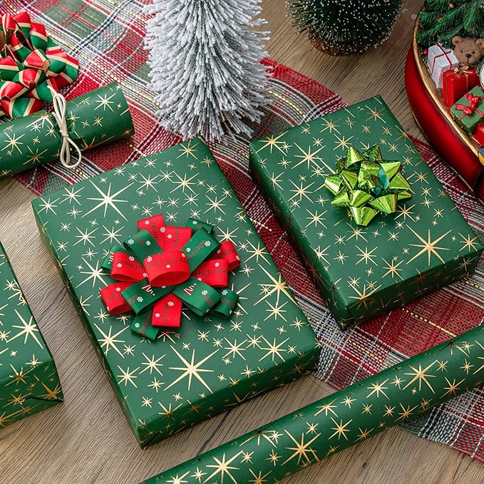 Garbendy Green Christams Wrapping Paper Roll- 17 Inch X 32.8 Feet - Embossing 3D Emerald Green with Gold Foil Star Design for Christmas, Birthday, Wedding, Baby Shower, Bridal Shower, Party