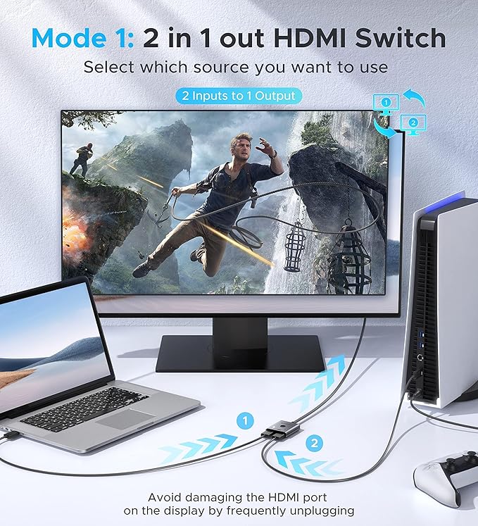 HDMI Switch 2 in 1 Out 4K@60Hz, WARRKY[with 3.3ft Fixed Braided HDMI Cable, Aluminum Case, 2K@144Hz, HDCP 2.2] Bidirectional 2x1 Switcher Splitter Compatible for PS5/4, Xbox, Roku, FireStick, Switch