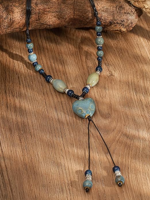 MINACHI Boho Hippie Colorful Ceramic Heart Bead Strand Necklace, Bohemian Summer Statement Jewelry Gift for Women