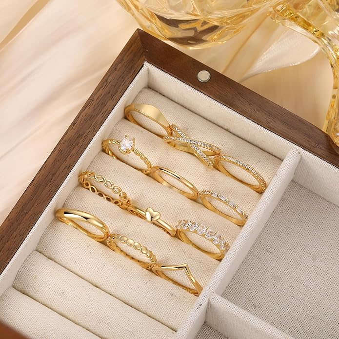 FAXHION 12 PCS Dainty 14K Gold Rings for Women, Eternity Open Chunky Twist Simulated Diamond Criss Cross Designs, Non Tarnish Gold Plated Stacking Thumb Ring, Perfect for Wedding Bands Size 5-11