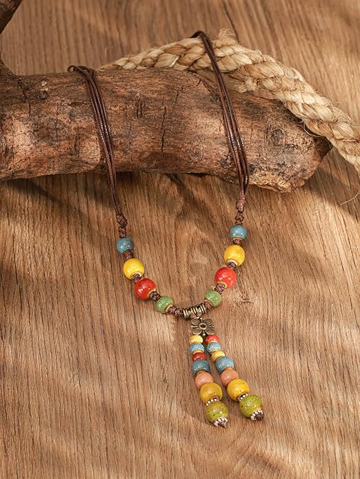 MINACHI Vintage Bohemian Colorful Ceramic Bead Antique Flower Y Necklace, Vintage Boho Hippie Statement Jewelry Gift for Women