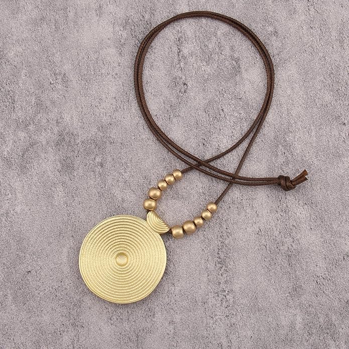 Boho Leather Necklace Women Bohemian Brown Circle Pendant Necklace Choker Long Necklaces for Women Boho Ring Large Pendant
