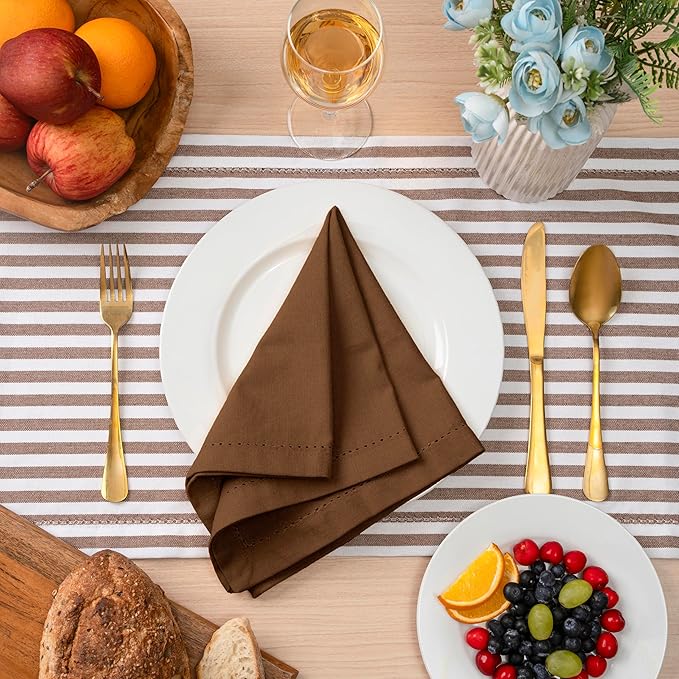 Blue Needles Set of 12 Hemstitch Linen Napkins 100% Cotton Nut Brown Cloth Dinner Napkins 18x18 inches, Soft, Reusable, Absorbent, Washable, Ideal for Fall Thanksgiving Events, Parties & Everyday Use