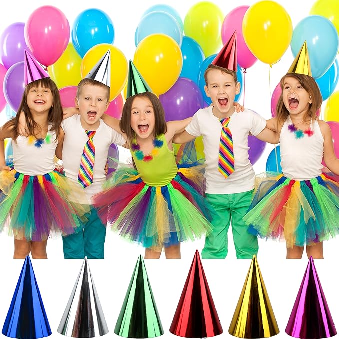 60 Pieces Paper Cone Party Hats Colorful Metallic Foil Birthday Cone Hats for Kids Adults Birthday New Year Party Supplies, 6 Colors
