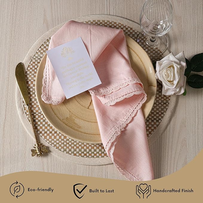 Ramanta Home Linen Flax Cloth Napkins Set of 12| 18x18 Inch | Premium Cotton Linen Flax Lace Soft & Durable | Washable Ideal for Everyday Use Parties Thanksgiving Christmas Halloween Pink