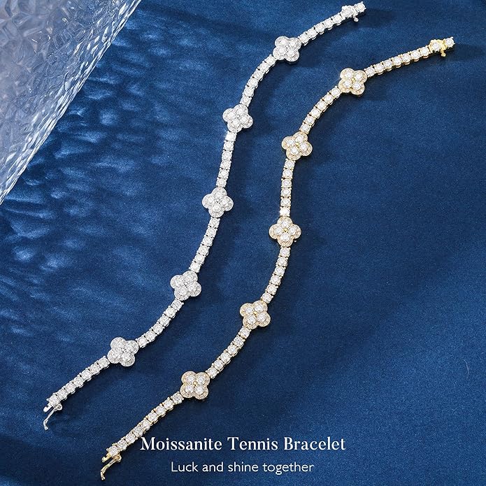 MOOSEA Valentines Day Gifts for Her - Clover Moissanite Tennis Bracelet, Lab Created Moissanite, 6.28-6.68 ct.tw, 925 Sterling Silver Tennis Bracelet for Women Anniversary Birthday Gifts 7.0-7.5INCH