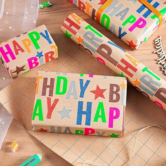 WRAPAHOLIC 30 Inch Jumbo Kfaft Birthday Wrapping Paper Roll - 30 Inch x 33 Feet - Colorful Happy Birthday Wrapping Paper for Girls Boys Kids, Baby Shower, Party