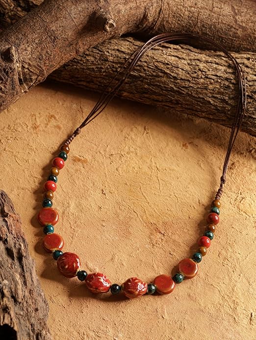 MINACHI Boho Hippie Round Ceramic Beads Strand Necklace, Vintage Bohemian Summer Beach Jewelry Gift for Women