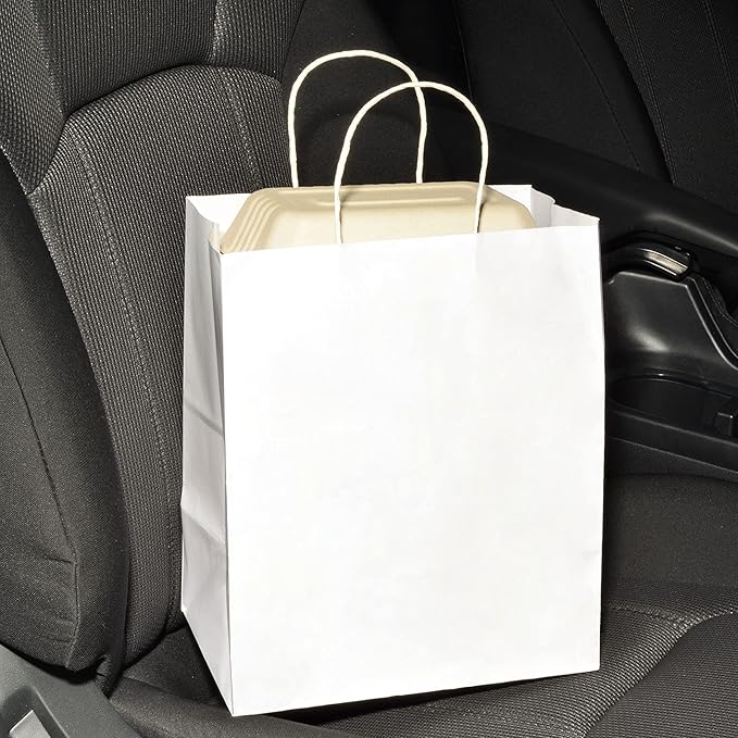 Prime Line Packaging White Paper Bags, Kraft Gift Bags with Handles for Small Business, Shopping, Take-out Goodies, Bistro, Boutique, Bulk, 10x6.75x12, 50 Pack