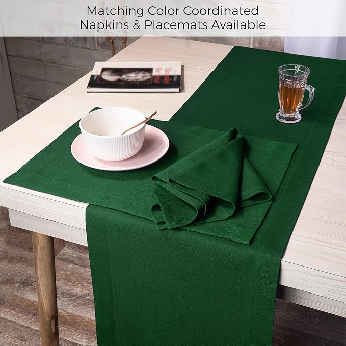 D'Moksha Homes Eden Green Table Runner 14 x 48 Inch - Faux Linen Coffee Table Runner - Wrinkle Resistant, Machine Washable Ideal for Dresser, Thanksgiving, Christmas, Holiday - 100% Recycled Fabric