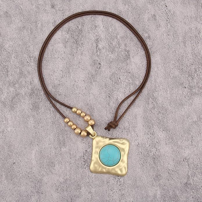 Boho Leather Necklace Women Bohemian Brown Circle Pendant Necklace Choker Long Necklaces for Women Boho Ring Large Pendant