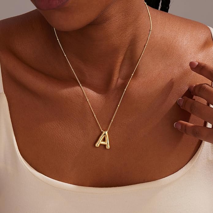 Inerney Valentines Day Gifts Gold Bubble Letter Necklace Initial Necklaces for Women, Chunky 14K Plated Balloon Initials, Trendy Charm Non Tarnish Custom Name Pendant Jewelry Gifts for Mom