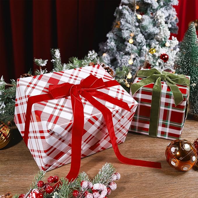 LaRibbons Reversible Christmas Wrapping Paper Roll, Classic Red & White Tartan Plaid Gift Wrap for Christmas, Holiday, Winter Party, 17 Inch x 33 Feet