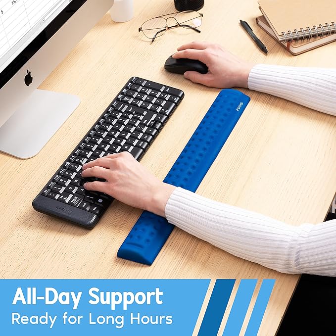i-Rocks Ergonomic Memory Foam Keyboard Wrist Rest - Pain-Reducing, Cooling, Non-Slip, Blue, Minimalist