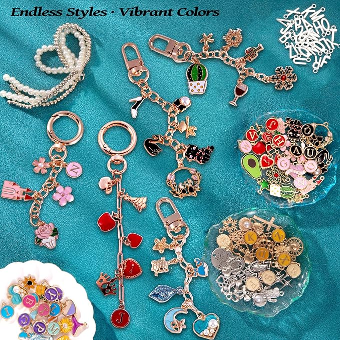 Wurosi 325Pcs Charms Lip Gloss Keychain Making Kit, Including 20 Keychain Clips 25 Extender Chain 118 Charms Jewelry Plier, Bag Charm Kit, Keychains Making Supplies for Jewelry Making,Christmas Gifts