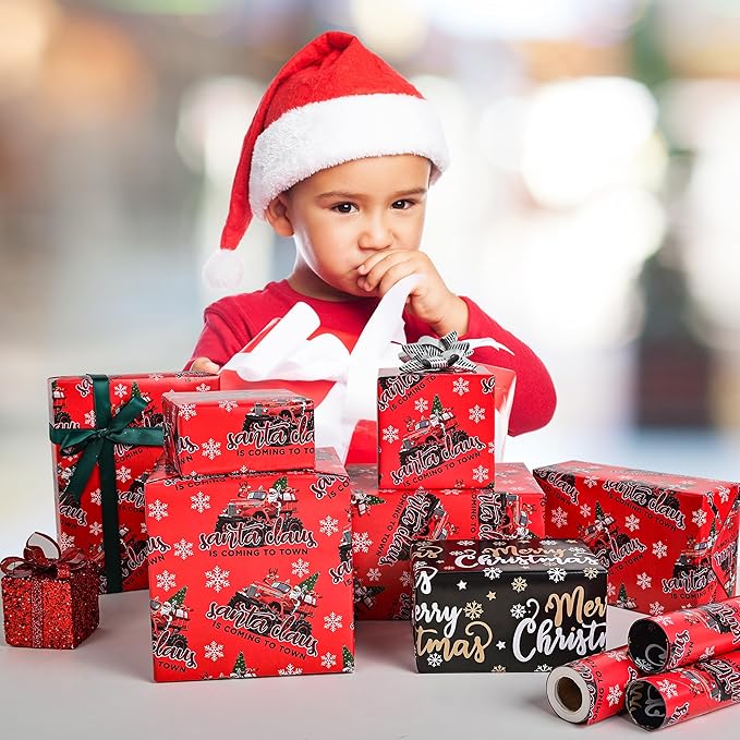 Vnaaem Reversible Monster Truck Christmas Wrapping Paper Roll for Kids Men - Red Xmas Truck, Santa Claus & Merry Christmas Lettering Design Gift Wrap for Holiday Party Celebration, DIY Craft - 17 In X 20 Ft(Total 28.5sq.ft)