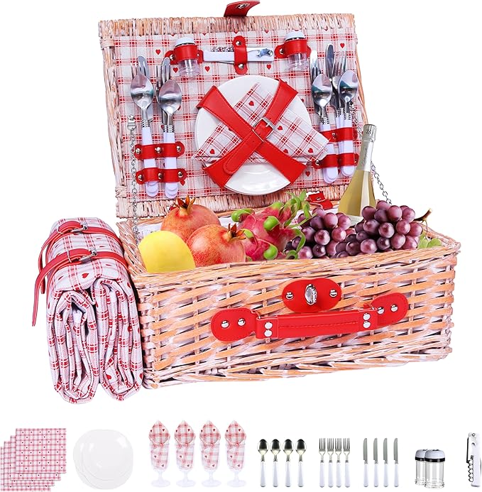 Picnic Basket Set for 4 with Waterproof Blanket Mat Insulation Bag Wicker Floral Pink Red Love Plaid Cute Kawaii Gift for Wedding Birthday Summer Camp Outdoor Camping Beach Travel Christmas