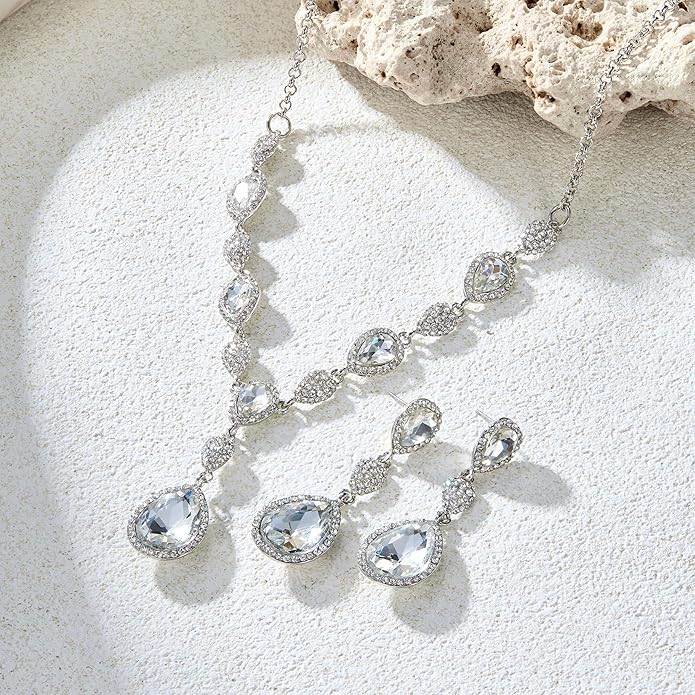EleQueen Women's Cubic Zirconia Teardrop Y-Necklaces Dangle Earrings Jewelry Sets for Brides Bridesmaids