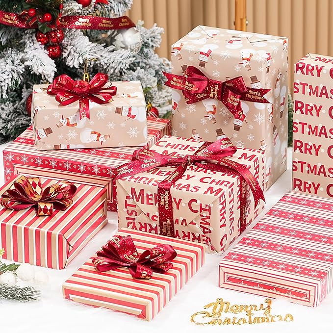 PlandRichW Christmas Wrapping Paper 12 Sheets Folded 20 x 29 Inches for Kids Adults, 4 Gift Wrap Designs Including Merry Christmas, Snowflakes, Snowmen, Red Stripes