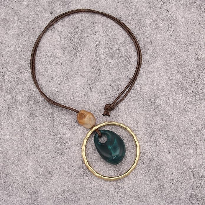 Boho Leather Necklace Women Bohemian Brown Circle Pendant Necklace Choker Long Necklaces for Women Boho Ring Large Pendant