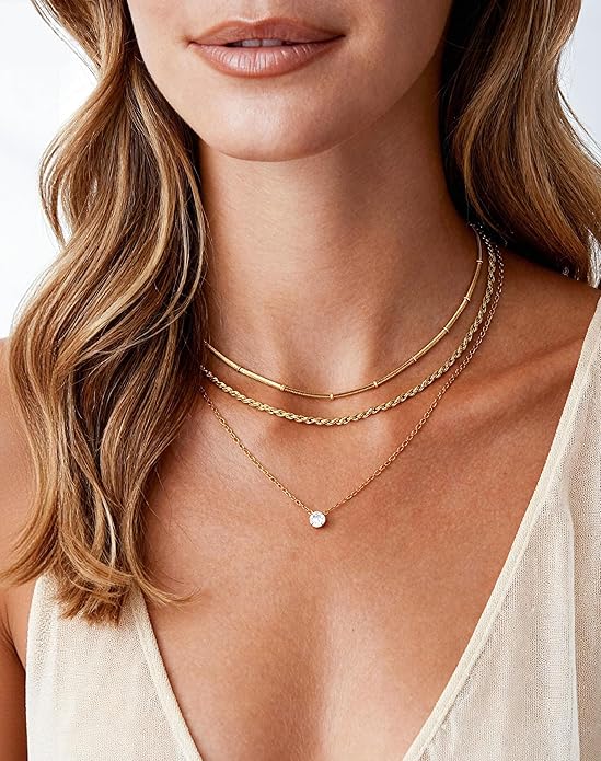 KSF Layered Gold Necklaces for Women - 18K Gold Plated 3PCS Dainty Simple Stackable Choker Necklace, Cubic Zirconia Pendant Necklace Trendy Jewelry Gift Set for Women