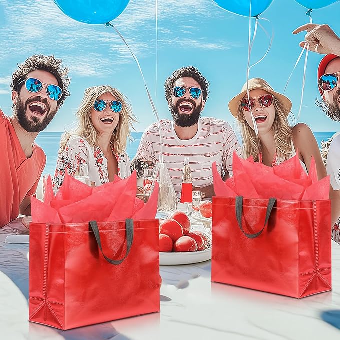 KeerxunBag 12Pcs Reusable Gift Bags（Includes Tissue Paper） Gift bag with handle Birthdays Parties Holidays Weddings Medium 13x5x11in Red Gift Bags