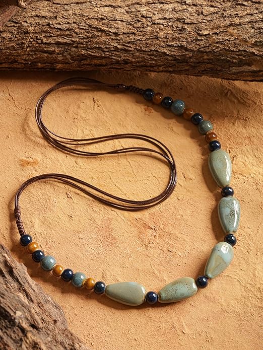 MINACHI Boho Hippie Round Ceramic Beads Strand Necklace, Vintage Bohemian Summer Beach Jewelry Gift for Women