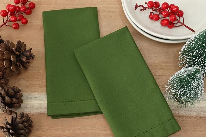 PurpleEssences Set of 12 Hemstitch Cloth Dinner Napkins 100% Cotton - Soft Durable Washable - Ideal for Wedding Christmas Holiday Winter - Perfect Everyday Use Table Linen 18x18 - Sage Green