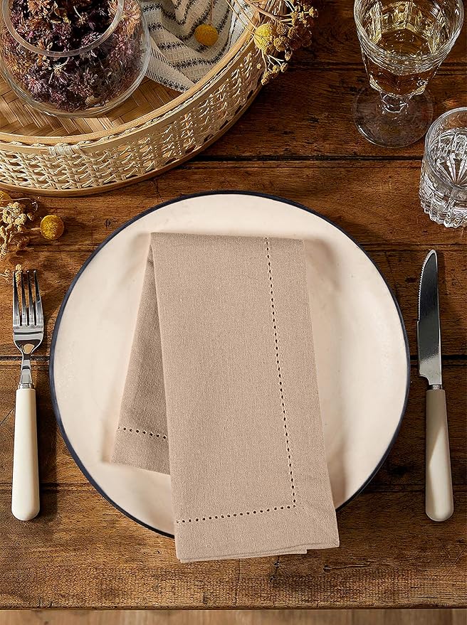 Palisa Cloth Dinner Napkins with Hemstitched Detailing & Mitered Corners Set of 12 (18x18 Inches) Beige - Cotton Reusable Dinner Napkins - Perfect for Weddings & Everyday Use