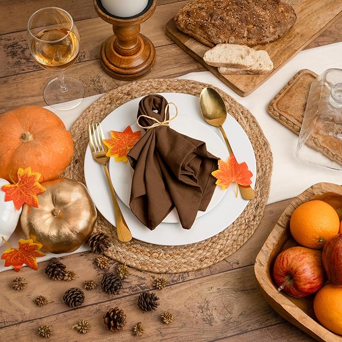 Blue Needles Solid Cloth Napkins Set of 12 Nut Brown 100% Cotton Dinner Napkins 18x18 inches - Soft, Reusable, Absorbent & Washable Fall Thanksgiving Linen, Ideal for Events, Parties & Everyday Use
