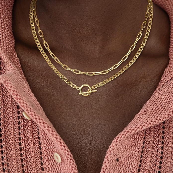 CHESKY Layered Necklaces for Women, 14K Gold Plated Chain Necklace Women Trendy Cuban Link Paperclip Chain Toggle Clasp Necklace Fashion Chunky Jewelry for Women