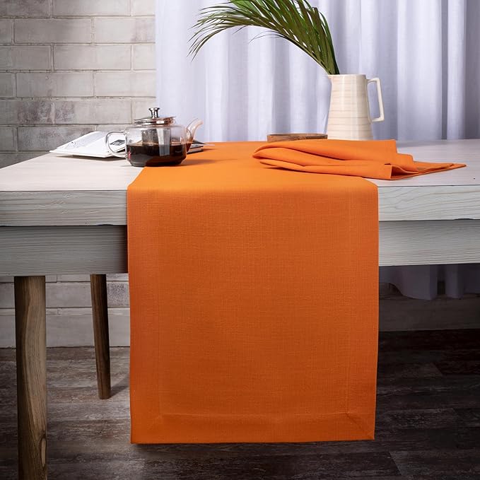 D'Moksha Homes Orange Table Runner 14 x 90 Inch - Faux Linen Dining Table Runner 90 Inches Long - Wrinkle Resistant, Machine Washable for Fall, Thanksgiving, Holiday - 100% Recycled Fabric