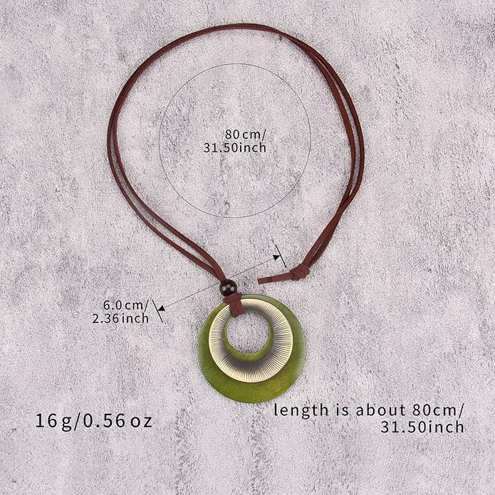 Boho Leather Necklace Women Bohemian Brown Circle Pendant Necklace Choker Long Necklaces for Women Boho Ring Large Pendant