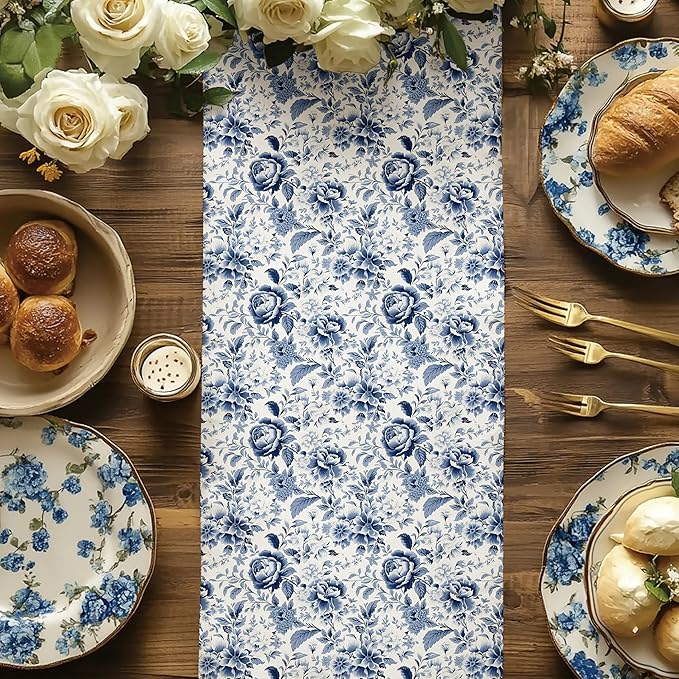 BIOBROWN Floral Wrapping Paper Roll - 17 Inches X 33 Feet (47 sq. ft. ttl.) Blue White Peony Design Chinoiserie Flower Gift Wrap Stone Paper for Wedding, Bridal Shower Favors, Mother's Day
