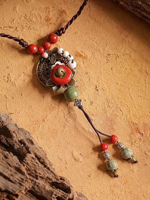 MINACHI Vintage Bohemian Colorful Ceramic Bead Antique Flower Y Necklace, Vintage Boho Hippie Statement Jewelry Gift for Women