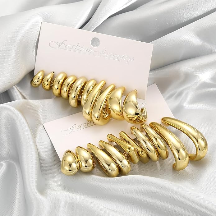 10 Pairs Chunky Gold Earrings for Women, Hypoallergenic Statement Hoops Earring for Multipack, Trendy Gold Chunky Hoop Earrings Jewelry for Gift