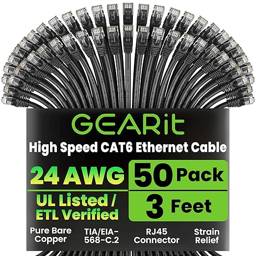 GEARit Cat 6 Ethernet Cable Pack - 50-Pack 3 ft Cat6 Ethernet Patch Cables | RJ45 Network Patch Cable, 10 Gbps Snagless Gold-Plated Connectors - Ethernet Cable Cat 6 for PC, TV, Router - Black